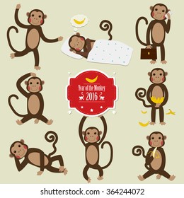 Set of Chinese Zodiac - Monkeys. Vector illustration. 2016 New Year Symbol. 
