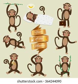 Set of Chinese Zodiac - Monkeys. Vector illustration. 2016 New Year Symbol. 