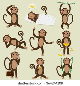 Set of Chinese Zodiac - Monkeys. Vector illustration. 2016 New Year Symbol. 
