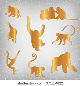 Set of Chinese Zodiac - Monkeys. Vector illustration. 2016 New Year Symbol. Red Monkey Silhouette.