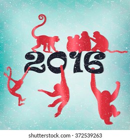 Set of Chinese Zodiac - Monkeys. Vector illustration. 2016 New Year Symbol. Red Monkey Silhouette.