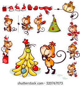 Set  chinese zodiac postcard 2016 with the monkey and stylized christmas tree. You can add as isolated icon. 