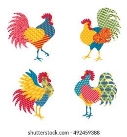 Set of Chinese Zodiac Roosters in Patchwork Ornamental Style. Vector illustration. 2017 New Year Symbol. Crowing Cock.