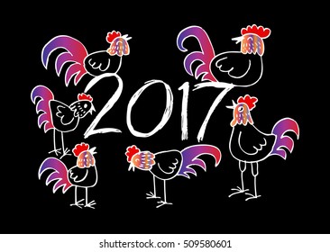 Set of Chinese Zodiac Roosters. Vector illustration. 2017 New Year Symbol.