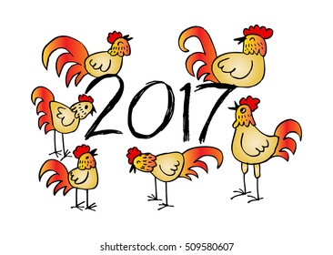 Set of Chinese Zodiac Roosters. Vector illustration. 2017 New Year Symbol.