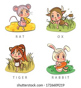 Set chinese zodiac or shio sign: Rat, Ox, Tiger, Rabbit cartoon vector illustration , Lunar New Year