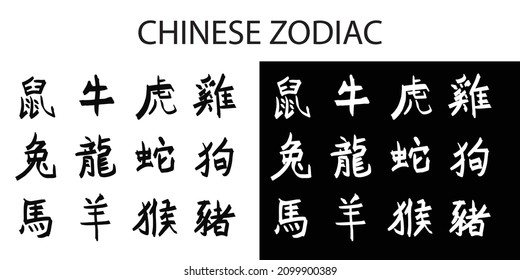 Set of chinese zodiac sign concept. tiger 2022. Chinese hieroglyph zodiac
