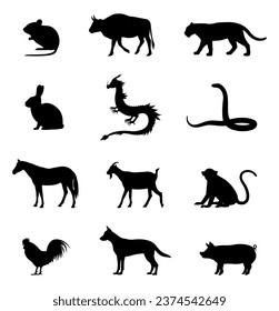 A set of the Chinese zodiac signs. Animal silhouettes of Chinese astrology. The Chinese horoscope symbol of the year. A vector illustration isolated on a white background.