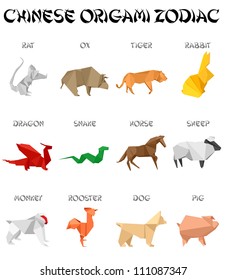 set of chinese zodiac signs in origami style appearance