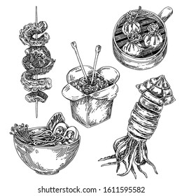 Set chinesisches Essen. Kalmare, Suppen, Papierbox, Tintenfisch und Bambuskorb mit Hanteln. Skizze. Gravur-Stil. Vektorillustration