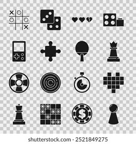 Set Chip for board game, Pixel hearts, Chess, Hearts, Puzzle pieces toy, Tetris, Tic tac toe and Racket icon. Vector