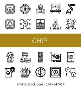 Set of chip icons such as Cpu, Chip, Poker, Packet, Robot, Crisps, Board, Croupier, Industrial robot, AI, Poker chip, Gambling, Computer storage, Jackpot, Cookies, Artificial intelligence ,