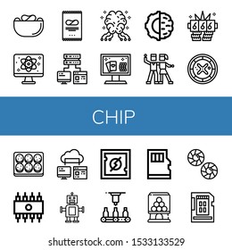 Set of chip icons. Such as Crisps, Quantum, Computer storage, AI, Online casino, Artificial intelligence, Salsa, Jackpot, Roulette, Cookie, Rom, Robot, Cpu, Automatic , chip icons