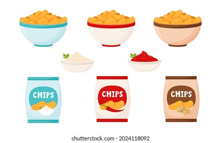 Ein Set mit Chips in einem Paket und in einer Schüssel. Chips mit saurer Sahne, Pilzen und Chilischoten. Schnelles Essen. Fatty, kalorienreiches Essen. Flacher Cartoon-Stil einzeln auf weißem Hintergrund