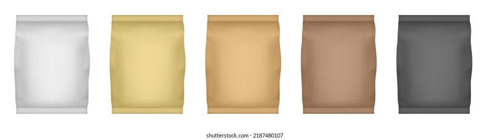 Set of chips packaging. White, gold, brown and black metallic foil bags for packaging design. Mockup template for food snack, cookies, peanuts, candy