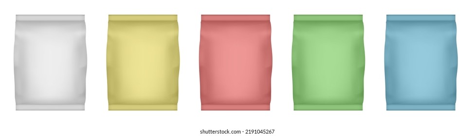 Set of chips packaging. White, gold, red, green and blue metallic foil bags for packaging design. Mockup template for food snack, cookies, peanuts, candy