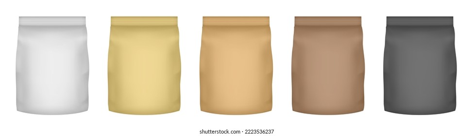 Set of chips packaging. White, gold, brown and black metallic foil bags for packaging design. Mockup template for food snack, cookies, peanuts, candy