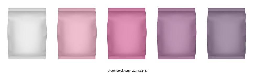 Set of chips packaging. White, pink, red, and purple metallic foil bags for packaging design. Mockup template for food snack, cookies, peanuts, candy