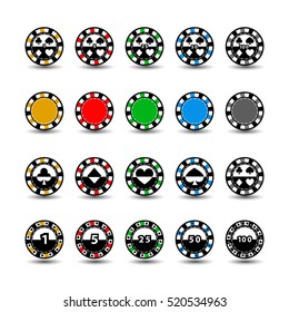 set chips for poker yellow green grey red yellow one in the middle and rectangles with a side. round and white dotted line line. eps 10 vector. to use for the websites, design, the press, prints...