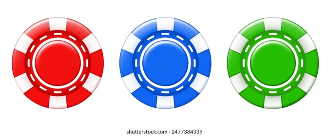 A set of chips. Red, blue and green chips. Vector illustration isolated on white background.