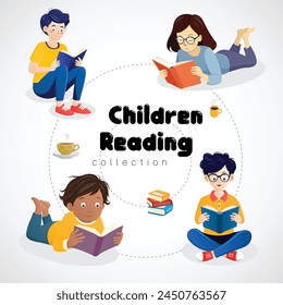 set Chirldren reading Book in various poses for decorate