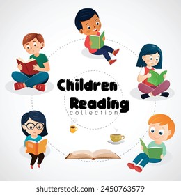 set Chirldren reading Book in various poses for decorate