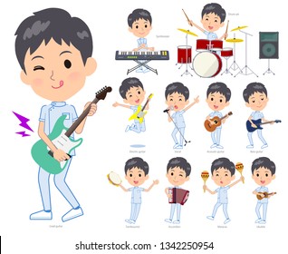 A set of chiropractor man playing rock 'n' roll and pop music.There are also various instruments such as ukulele and tambourine.It's vector art so it's easy to edit.