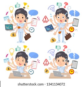 A set of chiropractor man who perform multitasking in the office.There are things to do smoothly and a pattern that is in a panic.It's vector art so it's easy to edit.