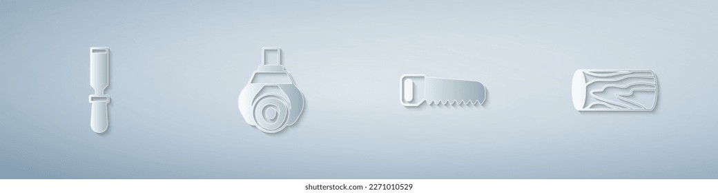 Set Chisel tool, Grapple crane grabbed a log, Hand saw and Wooden. Paper art style. Vector
