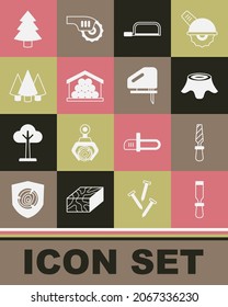 Set Chisel tool, Rasp metal file, Tree stump, Hacksaw, Wooden logs, Christmas tree,  and Electric jigsaw icon. Vector