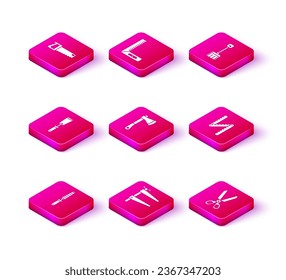 Set Chisel tool for wood, Clamp, Putty knife, Wooden axe, Scissors, Folding ruler, Snow shovel and Corner icon. Vector