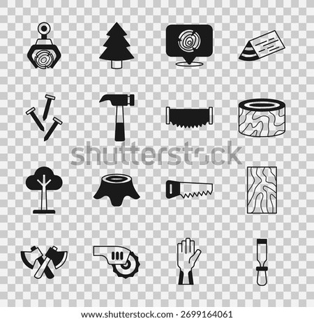 Set Chisel tool, Wooden beam, Tree stump, logs, Hammer, Metallic nails, Grapple crane grabbed and Two-handed saw icon. Vector