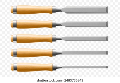 Set of chisels, carpentry hand tools for woodworking and wood carving. Stand for working with wood. Chisels with wooden handle isolated on transparent background. Realistic 3d Vector illustration.