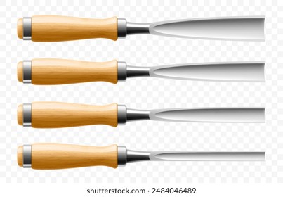 Set of chisels, carpentry hand tools for woodworking and wood carving. Stand for working with wood. Chisels with wooden handle isolated on transparent background. Realistic 3d Vector illustration.
