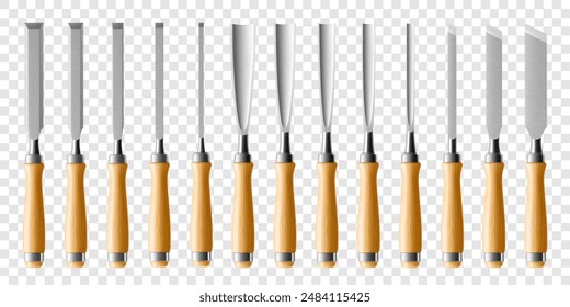 Set of chisels, carpentry hand tools for woodworking and wood carving. Stand for working with wood. Chisels with wooden handle isolated on transparent background. Realistic 3d Vector illustration.