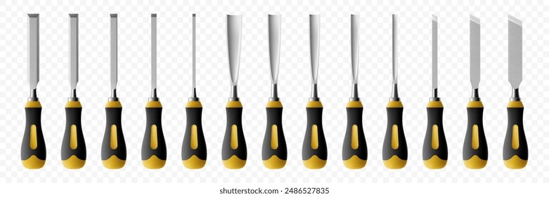 Set of chisels, carpentry hand tools for woodworking and wood carving. Stand for working with wood. Chisels with wooden handle isolated on transparent background. Realistic 3d Vector illustration.