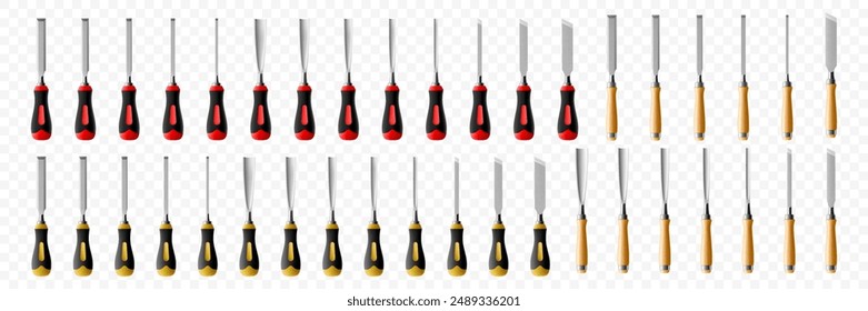Set of chisels, carpentry hand tools for woodworking and wood carving. Stand for working with wood. Chisels with wooden handle isolated on transparent background. Realistic 3d Vector illustration.