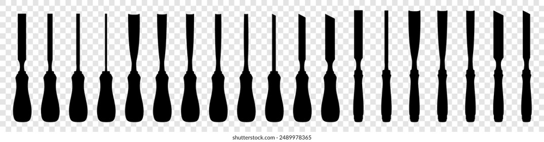 Set of chisels, carpentry hand tools for woodworking and wood carving. Stand for working with wood. Chisels isolated on transparent background. Black silhouette icon, vector illustration.