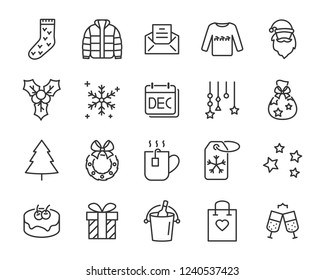 set of chistmas line icons, such as box, gift, winter