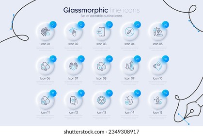 Set of Chlorine mineral, Low thermometer and Health app line icons for web app. Emergency call, Medical mask, Magnesium mineral icons. Volunteer, Face detect, Niacin vitamin signs. Vector