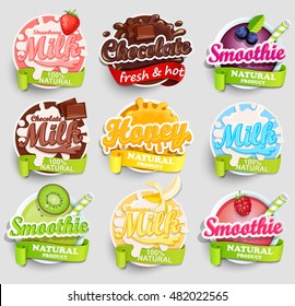 Set of chocolate, banana, strawberry milk, smoothie and honey labels splash. Lettering, splash and blot design, shape creative vector illustration.