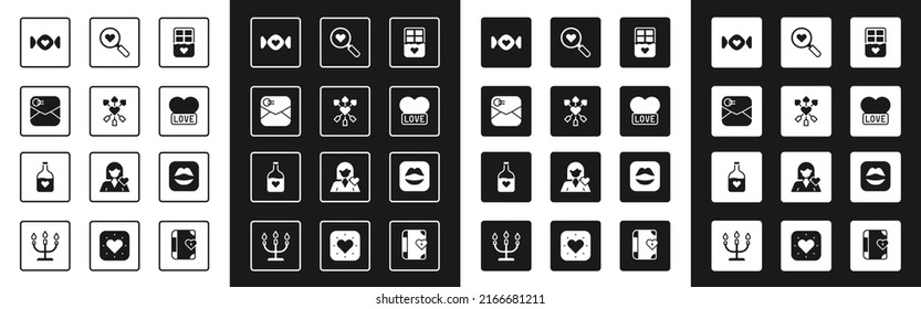 Set Chocolate bar, Amour with heart and arrow, Envelope Valentine, Candy, Heart, Search love, Smiling lips and Bottle potion icon. Vector