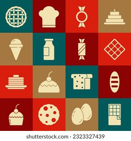 Bar de chocolate, Pan de pan, Waffle, Candy, Botella con leche, helado en cono de gofre, pastel casero e ícono. Vector