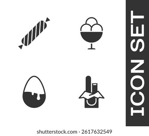 Set Chocolate bar, Candy, egg and Ice cream in bowl icon. Vector