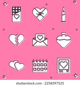 Set Chocolate bar, Candy in heart shaped box, Burning candle, Broken, Envelope with Valentine, Bottle love potion, Heart and Calendar icon. Vector