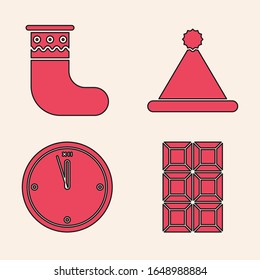 Set Chocolate bar, Christmas stocking, Christmas Santa Claus hat and Clock icon. Vector