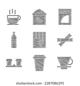 Set Chocolate bar, Coffee cup to go, V60 coffee maker, Sugar stick packets, Bottle water, paper filter and  icon. Vector