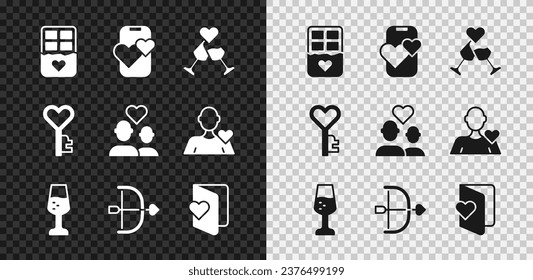 Fijar la barra de chocolate, aplicación de citas en línea móvil, Vidrio de champán, Vaca y flecha, Volante de San Valentín, Forma de corazón clave e icono de la pareja Lover. Vector