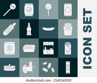 Set Chocolate bar, Doner kebab, Potatoes french fries in box, Lollipop, Bottle of water, French hot dog,  and Hotdog sandwich icon. Vector