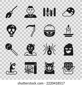 Set Chocolate bar, Funny and scary ghost mask, Burning candle, Garden fence wooden, Scythe, Skull, Witches broom and Pumpkin basket for sweets icon. Vector